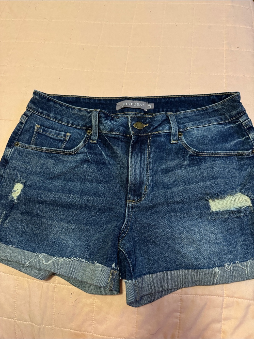 Just USA Dark Blue Distressed Rolled-Hem Denim Shorts
